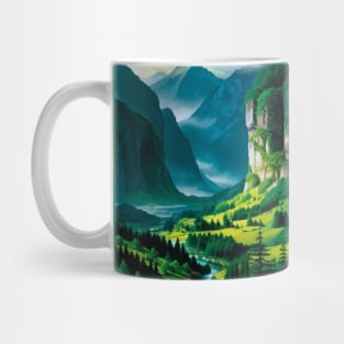 Misty Valley with Lush, Green Pine Forest Mug